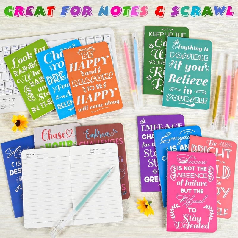 OMEYA 12 Pcs Mini Inspirational Notebooks Bulk with 12 Pcs Colorful Pens, Small Pocket Journal Notepads Set, Motivational Bulk Gifts for Women Men Teacher Student, Fun School Office Supplies, 3.5" x 5.5" - Image 5